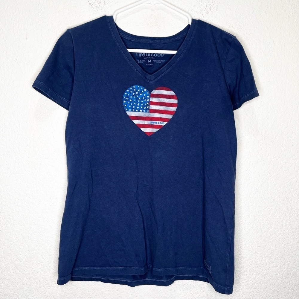 Life is Good Crusher V Neck American Flag Heart Top Tee